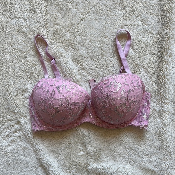 Victoria’s Secret Dream Angels Pink Lace Lined Demi Bra Silver Floral 34D - Picture 1 of 7